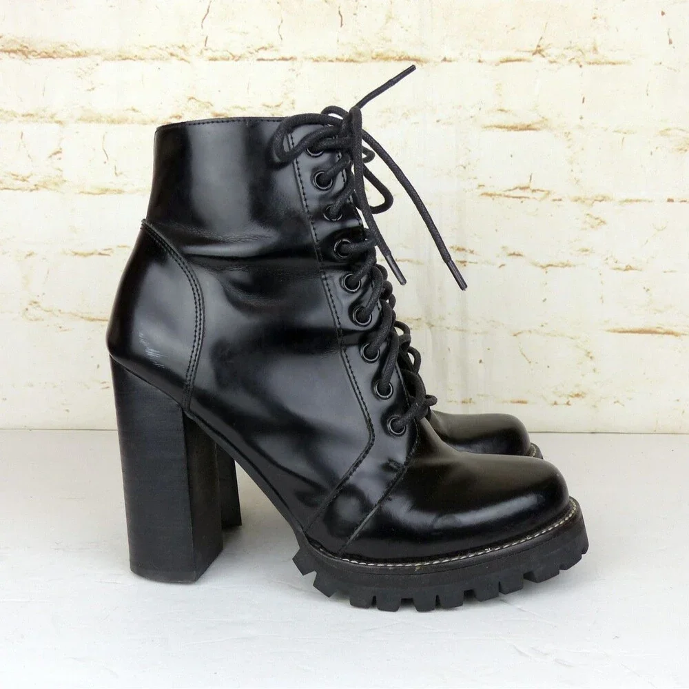 Jeffrey Campbell Legion Boot Women 8.5M Black Leather Heel Lace Zip Lug Ankle - Picture 3 of 13
